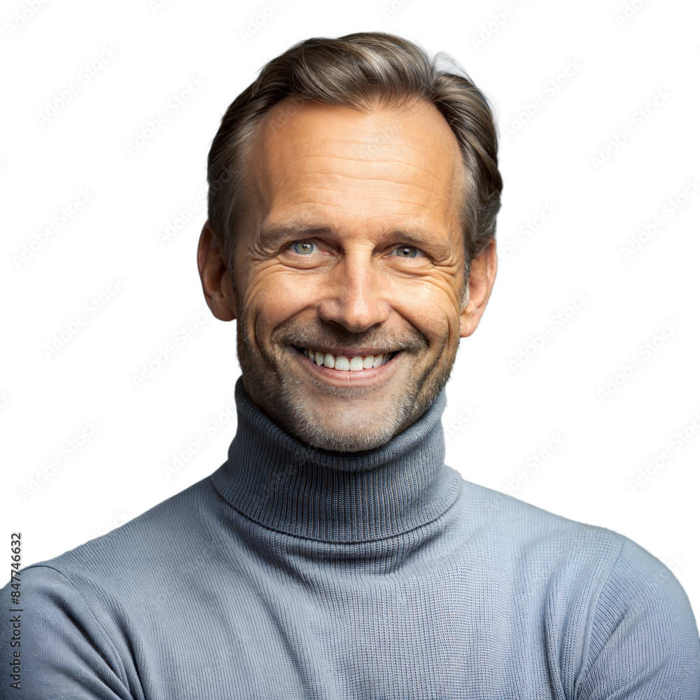 Poster smiling man in gray turtleneck with transparent background