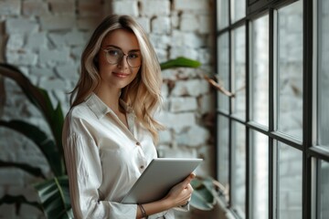 Fototapeta premium Young happy businesswoman, specialists training , language courses, professional development advertising