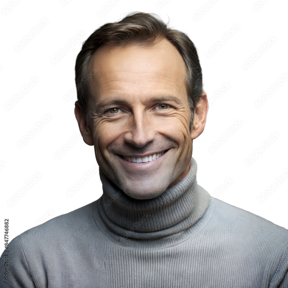 Poster smiling man in a turtleneck sweater on transparent background