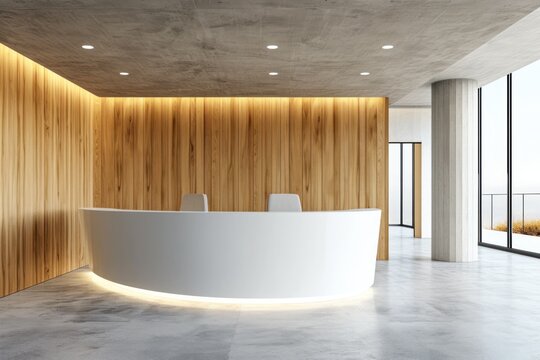 Modern office reception desk with wood paneling and a curved white Corian counter.