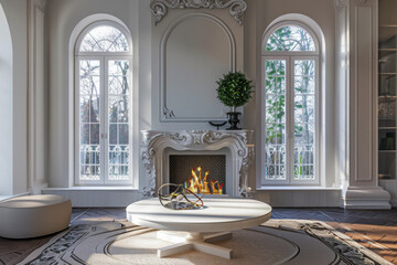 A round coffee table sits elegantly near a lit fireplace in a bright, spacious room with arched windows, featuring classic decor and natural light.