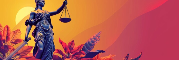 Horizontal banner. International Day of Justice. Themis with blindfolds, scales and sword on a multi-colored background with the sun. Human rights. Free space for text, copy space