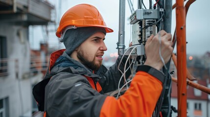 A network engineer installing a 5G antenna on a rooftop, illustrating the infrastructure development for faster internet speeds.