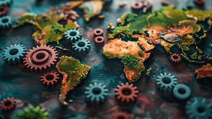 A network of interconnected gears, each labeled with a different global issue such as poverty, climate change, and education, representing the intricate nature of global responsibi