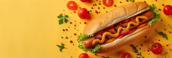 Flat illustration. National Hot Dog Day. Horizontal banner. Hot dog, sausage in a bun with mustard, tomatoes and hot pepper on a yellow background. Free space for text, copy space