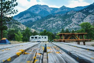 Family vacation travel RV, holiday trip in motorhome, Caravan car Vacation. Beautiful Nature Norway natural landscape.