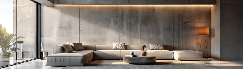 Modern living room with concrete walls, minimalist furniture, and soft lighting, creating a cozy yet industrial aesthetic