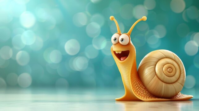 Close up of a cheerful cartoon snail with a happy expression on vibrant green bokeh background, funny animal concept, wide banner, empty space