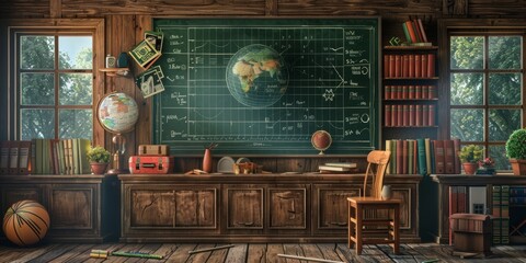 Fototapeta premium An inviting educational scene with a chalkboard filled with schoolrelated doodles and stationery items