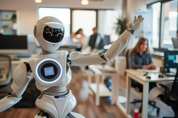 Happy corporate employee using AI technology for yoga stretch.