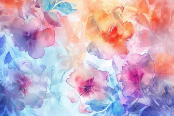 Beautiful blurry watercolor painting featuring large, vibrant flowers in shades of purple, pink, and orange, exuding a soft, warm, and whimsical charm.