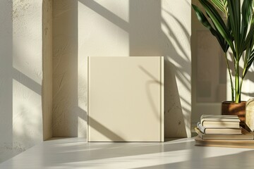 model of a vertically standing square book leaning against a beige wall