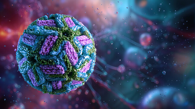 Scientifically accurate Zika virus close-up. Zika virus, aedes aegypti mosquito flavivirus RNA virion. Highlights epidemic, vaccine research, microcephaly disease prevention, health impact. Medical 3D