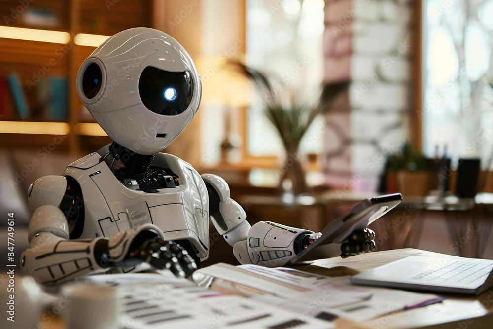Poster happy accountant at desk using ai technology to calculate invoice in office