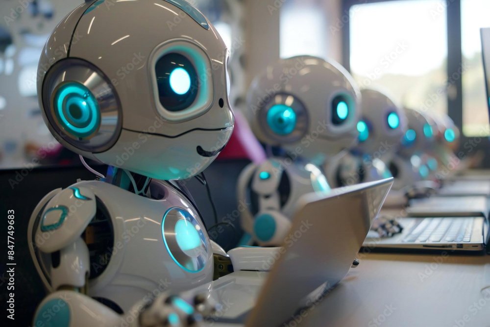 Poster professional group of students using artificial intelligence in classroom