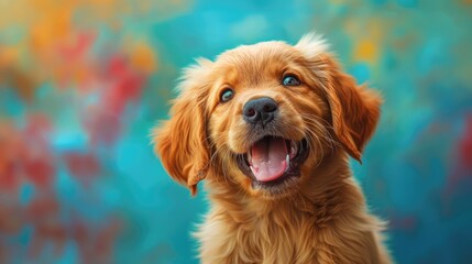 Obraz premium Adorable Smiling Cartoon Golden Retriever Puppy on Vibrant Blue Background