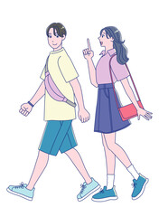 笑顔で歩くアニメ風の若い男女