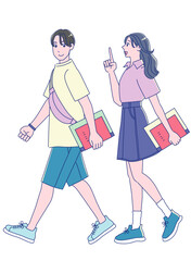 笑顔で歩くアニメ風の若い男女