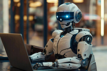 Fototapeta premium Virtual Science Conference: AI Robot Manager Working Online