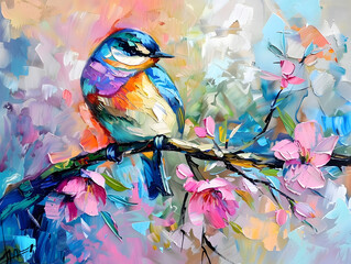 Abstract colorful oil, acrylic painting of bird and spring flower. Modern art paintings brush stroke on canvas. Oil color painting. Generative AI.