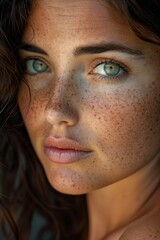 Fototapeta premium AI generated illustration of a close-up portrait of a female model with green eyes and freckles