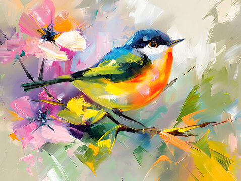 Abstract colorful oil, acrylic painting of bird and spring flower. Modern art paintings brush stroke on canvas. Oil color painting. Generative AI. - Powered by Adobe