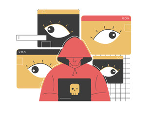 Hacker in a hoodie using a laptop surrounded by surveillance icons, highlighting online privacy risks and data protection. Emphasizes the importance of internet security and digital safety.