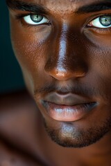 Obraz premium AI generated illustration of a close-up of a young man with blue eyes and wet skin