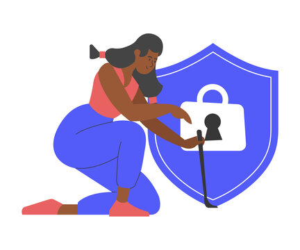 A woman kneeling and drawing a large shield with a lock icon on it, symbolizing internet security and data protection. This illustration highlights themes of cybersecurity, privacy, and online safety