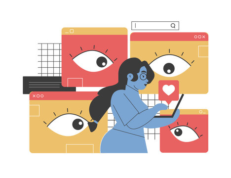 Vector illustration of a woman using a laptop surrounded by surveillance icons, highlighting online privacy risks and data protection. Emphasizes the importance of internet security and digital safety