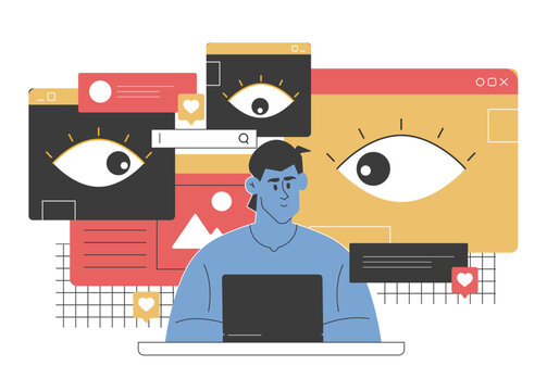 Vector illustration of a man using a laptop surrounded by surveillance icons, highlighting online privacy risks and data protection. Emphasizes the importance of internet security and digital safety.