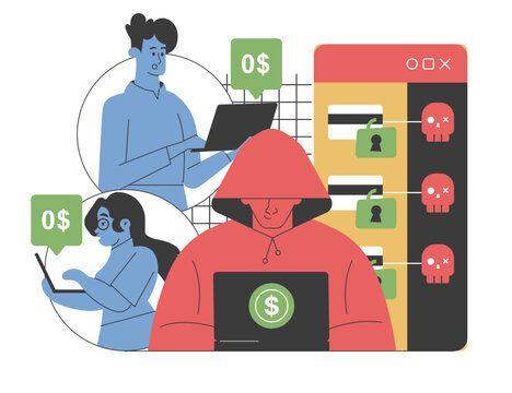 Hacker targeting online users for financial crimes, featuring laptops, money icons, and security warnings. Highlights the risks of cybercrime, data theft, and the importance of online security.