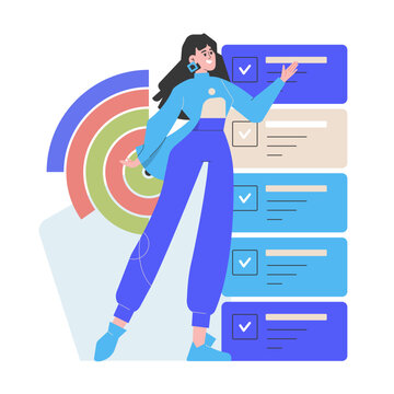 Vector illustration of a woman managing tasks with a digital checklist and target graphic, highlighting productivity, organization, and goal setting. Emphasizes efficient task management and planning.