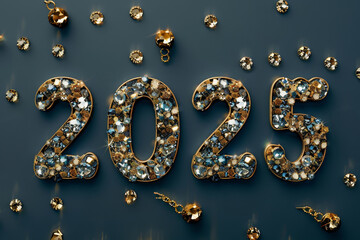 2025 gold jewel numbers, new year gemstones, diamond greeting card, gem celebrate banner