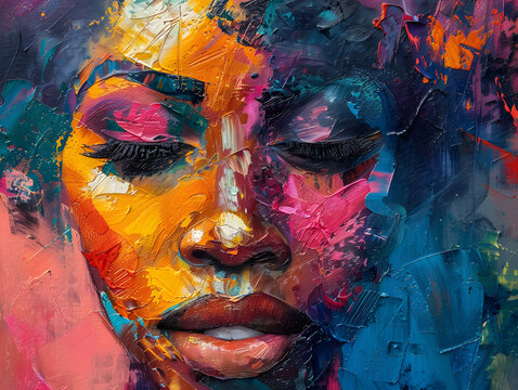 Abstract painting concept. Colorful art portrait of a black woman Oil color painting. Generative AI.