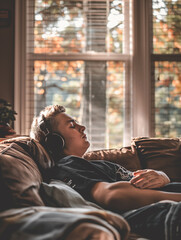 Obraz premium A Scandinavian teenage boy relaxes on a modern couch, lost in music with headphones on. Warm light bathes the living room, creating a peaceful atmosphere.