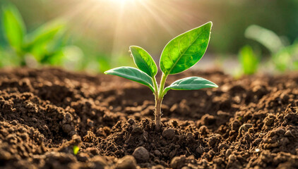 Fototapeta premium A young seedling sprouts from fertile soil, bathed in warm sunlight.symbolizing new life and growth in harmony with nature. Ideal for ecology, sustainability, and environmental awareness themes.
