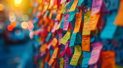 Fototapeta premium Sticky Note Post It Board Office. Business people meeting at office and use post it notes to share idea. Brainstorming concept. Sticky note on glass wall or blackboard. Set of colorful blank notes. 