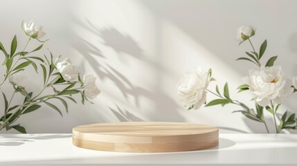 Wooden podium, white peony on background