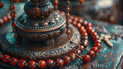 Interfaith Harmony: Buddhist Prayer Wheel and Christian Rosary - Spiritual Symbols in Close-up Comparison