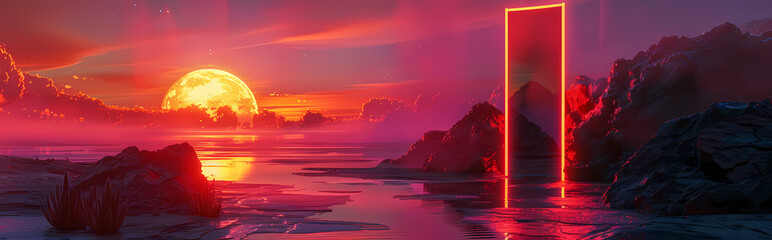 3d rendering. Abstract futuristic wallpaper with sunset or sunrise and glowing neon rectangular portal. Mystical landscape with rocks and reflection in the water 