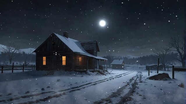 A small wooden house covered in snow in the middle of a snowy field under a full moon.