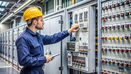 An electrical engineer in the QC department is inspecting the operation of the main switchboard cabinet in front of the cabinet in the production plant before delivering it to the customer.