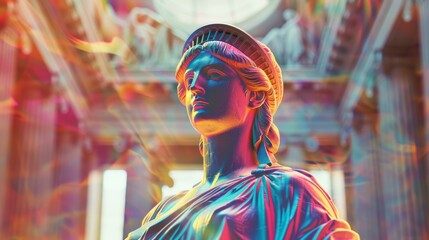 Obraz premium Glassmorphism Historical Reenactment: Holo Abstract Shapes Depicting Liberty and Justice with Grainy Gradients