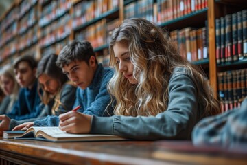 College students studying in a quiet library surrounded by bookshelves
