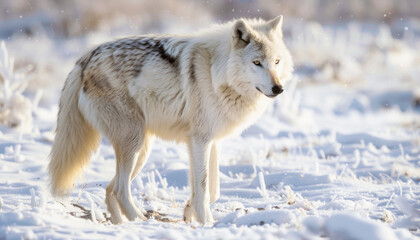 Fototapeta premium A white wolf, a Canis dog breed, blending into the snow with fur, snout, and tail features