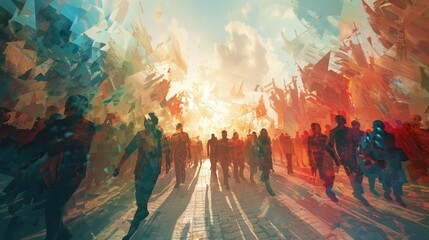 Reflections of Humanity Holo Abstract 3D Visualization of Refugee Crisis & Cultural Diversity in Grainy Gradient Style