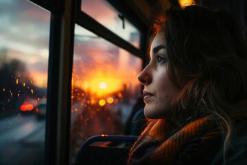 A woman sitting by the window on a bus, smiling as she gazes at the vibrant sunset outside