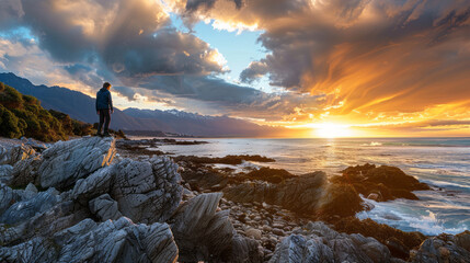Teen boy walking on rocky coast under dramatic sunset sky