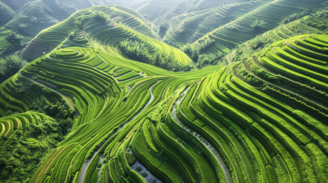 Terraced rice fields in Dazhai, China during summer